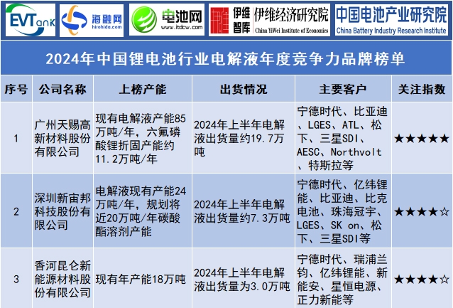 2024年中國鋰電池行業(yè)電解液年度競爭力品牌榜單