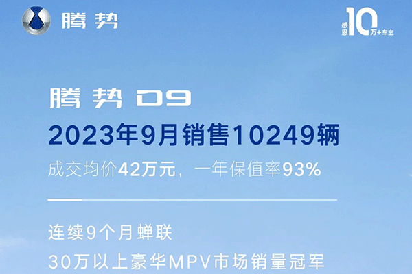 騰勢9月熱銷逾1.3萬輛 D9連續9個月穩居30萬以上豪華MPV銷冠