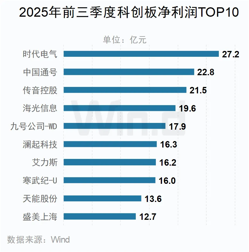 2025年前三季度科創(chuàng)板凈利潤(rùn)TOP10