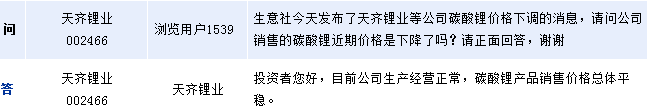 天齊鋰業(yè)：下半年鋰市場(chǎng)需求仍旺盛 碳酸鋰售價(jià)總體平穩(wěn)