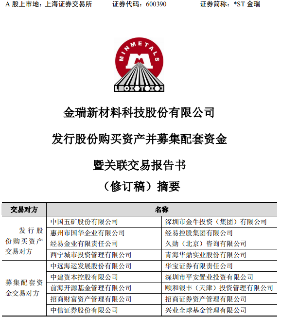 *ST金瑞擬178億收購五礦資本100%股權(quán) 重啟資產(chǎn)重組
