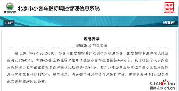 北京新能源小客車個人指標遭搶  僅剩8616個