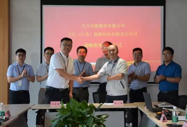 天合光能副總裁劉海鵬、力信能源副總裁施云海代表雙方簽約