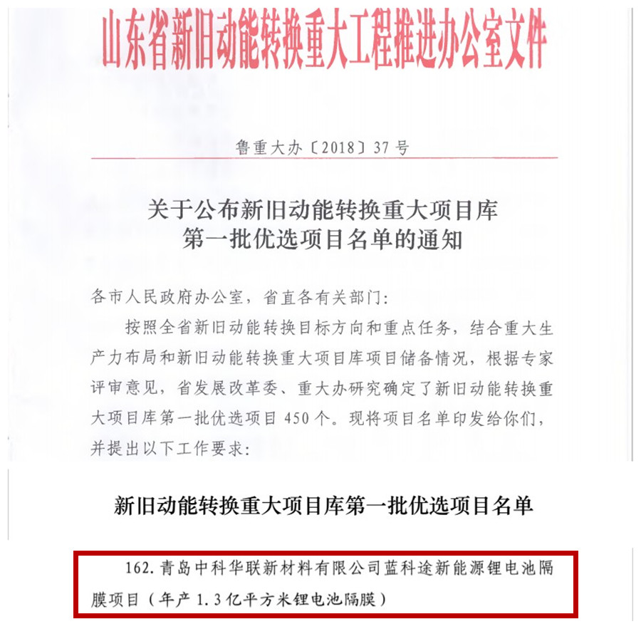 藍(lán)科途新能源鋰電池隔膜項(xiàng)目納入山東省新舊動(dòng)能轉(zhuǎn)換重大項(xiàng)目庫(kù)