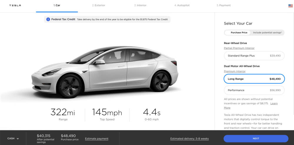 特斯拉長續(xù)航版Model 3增加15公里里程 漲價500美元