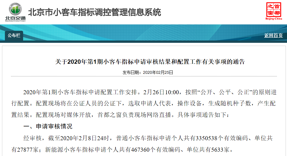 北京2020年第1期小客車指標搖號