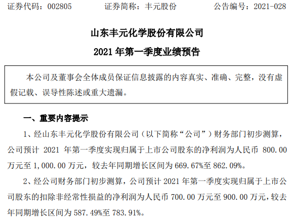 豐元股份2021年一季度業(yè)績預告