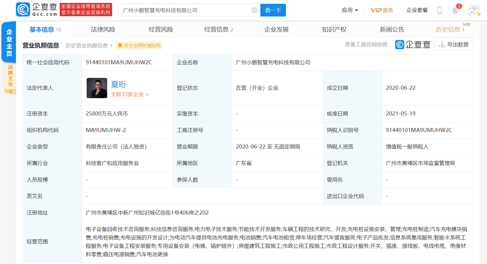 廣州小鵬智慧充電科技公司注冊資本增至2.58億 增幅1190%