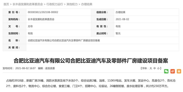 比亞迪，比亞迪合肥項目