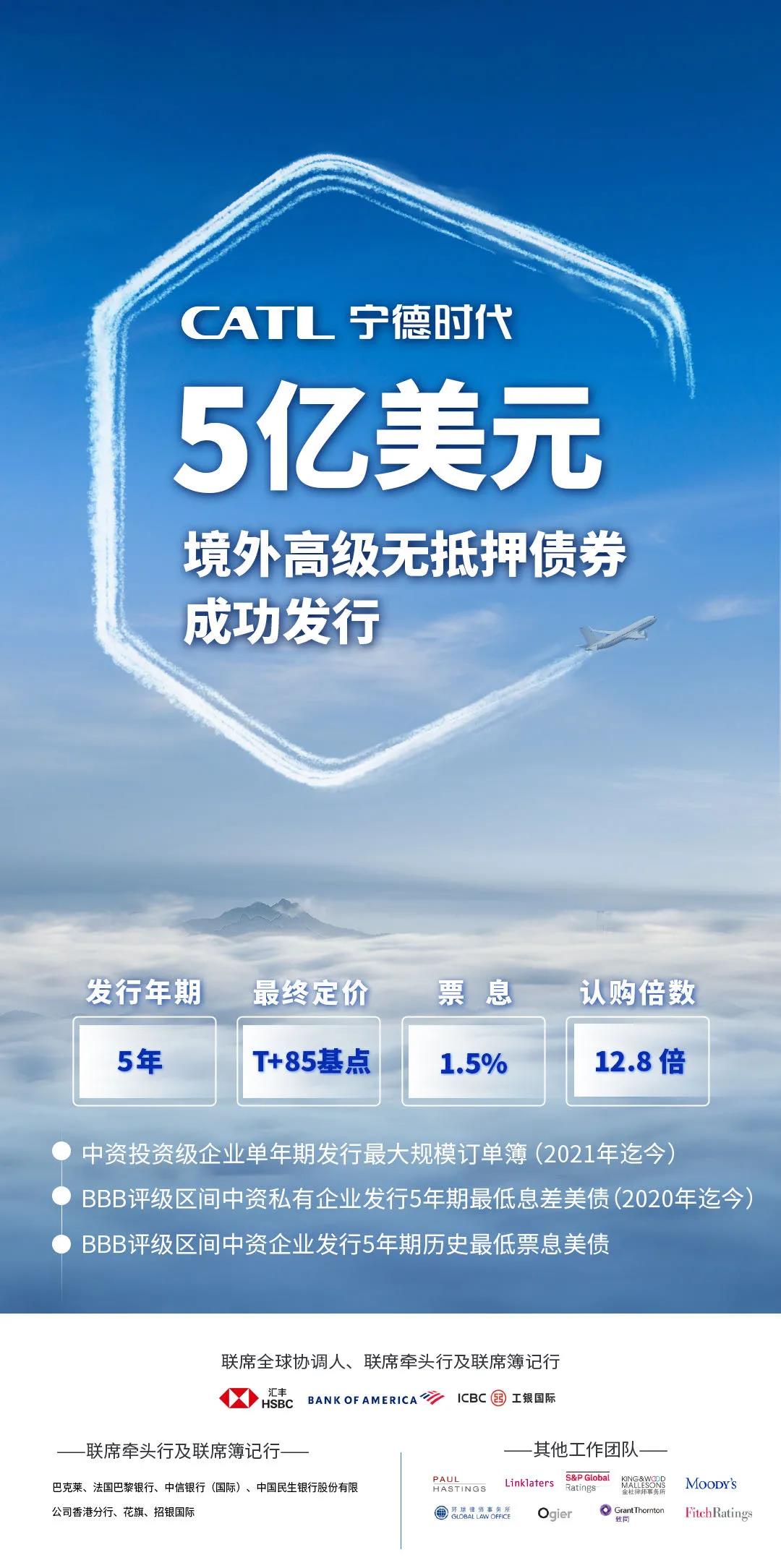 寧德時代成功發(fā)行5億美元境外債券