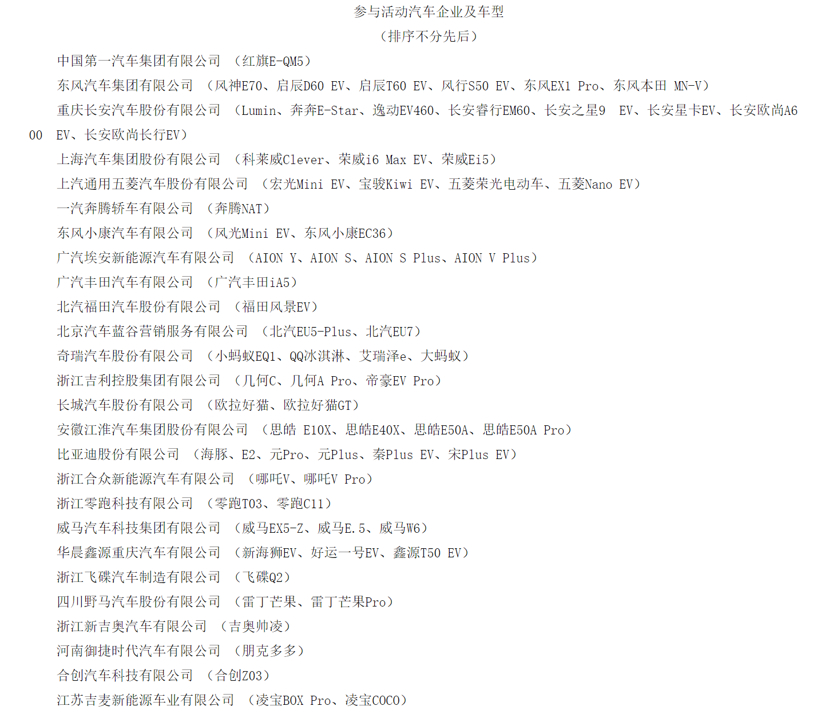參與新能源汽車下鄉(xiāng)活動(dòng)車企及車型，圖片來源：工信部官網(wǎng)