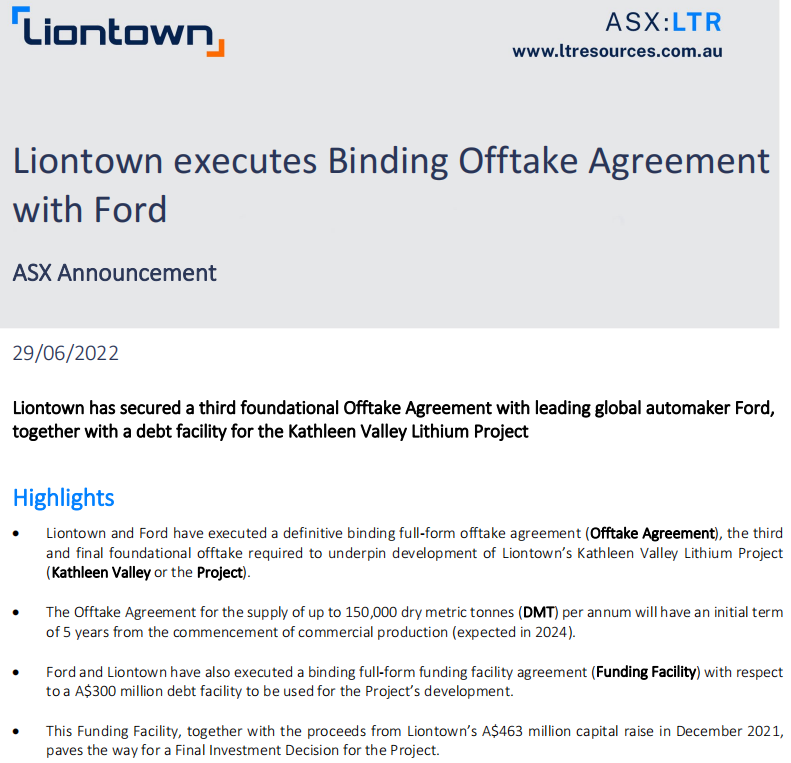 Liontown與福特簽署鋰礦供應(yīng)協(xié)議