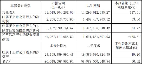 華友鈷業(yè)上半年主要會計數據和財務指標（單位：元）