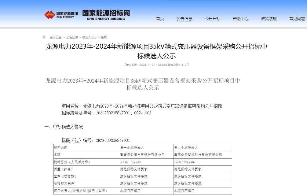 超5億！特銳德預中標龍源電力新能源項目35kV箱式變壓器項目